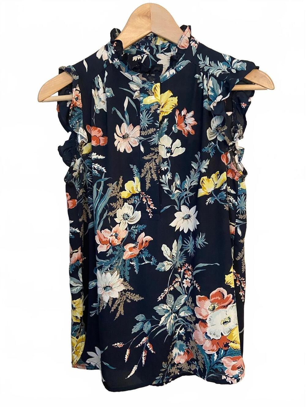 LOFT Floral Print Sleeveless Blouse in Navy Blue, Size XS